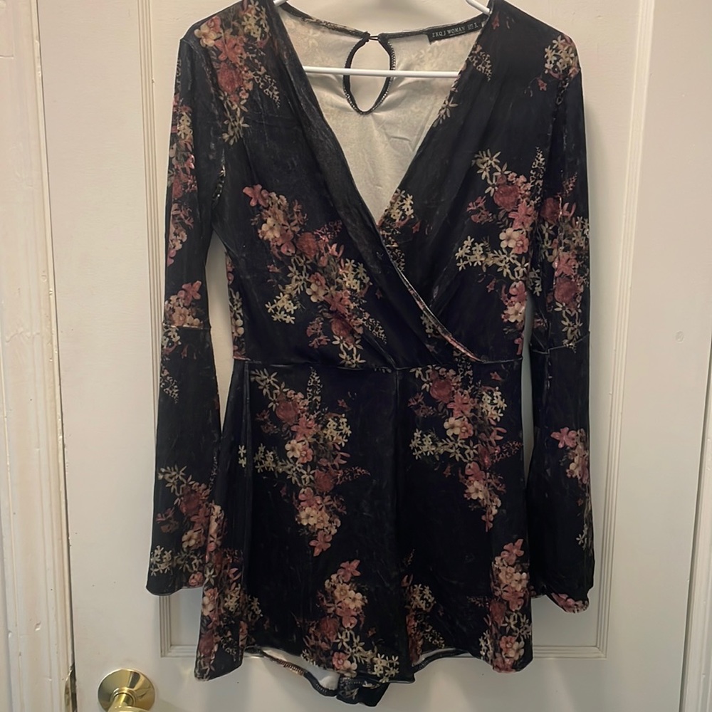 Velvet Long-Sleeved Floral Romper